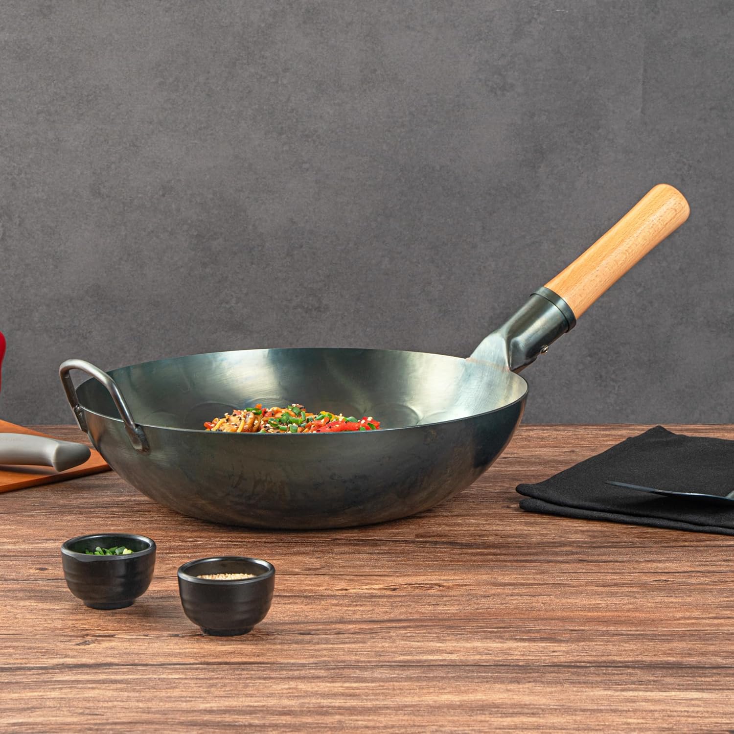 Restaurantware Carbon Steel Wok 1 Pack of 12 Inch Heavy-Duty Stir Fry Pan Blue Hand Hammered Wok Efficient Maneuvering Steel Helper Handle Uniform Heat Distribution Asian Cooking