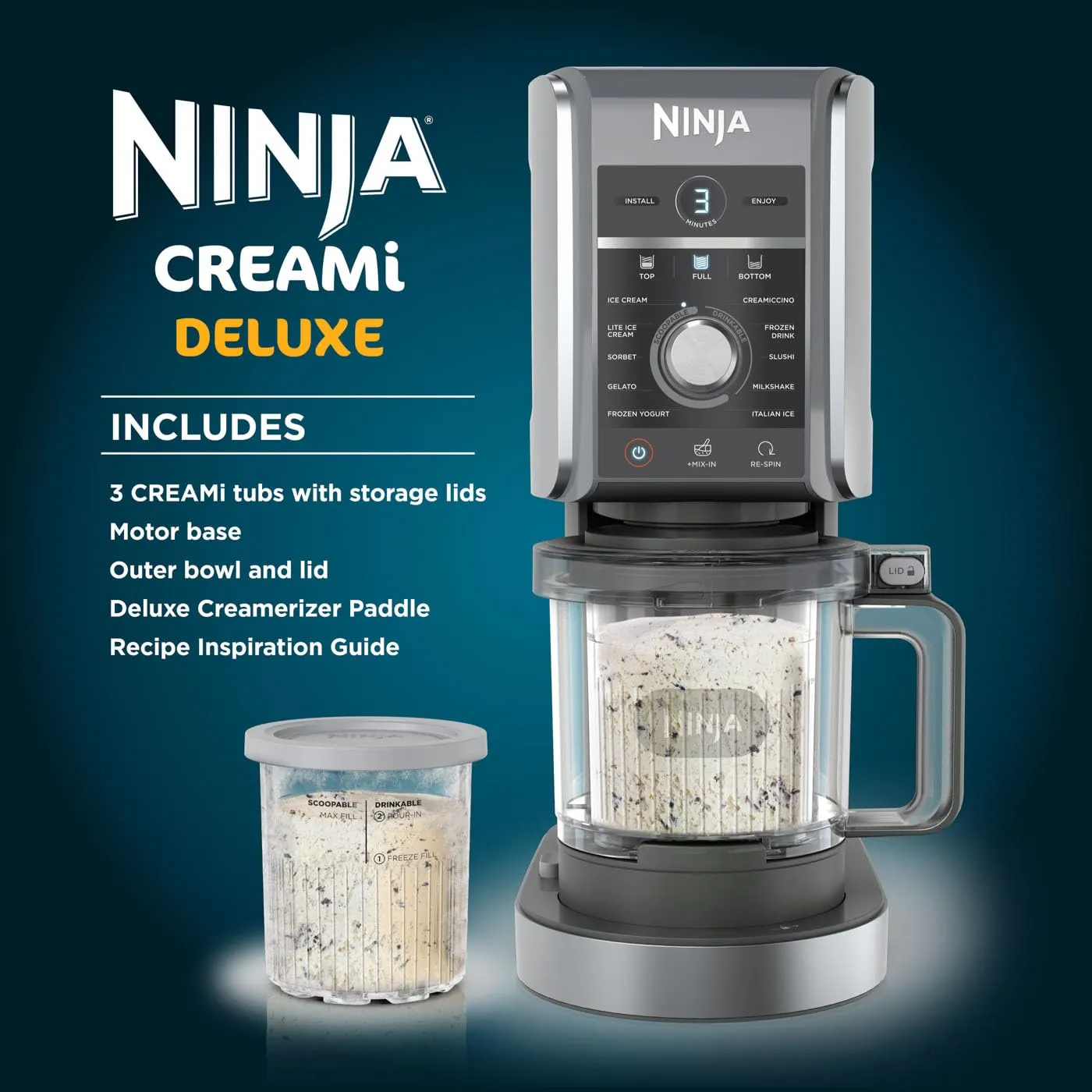 Ninja CREAMi Deluxe Ice Cream & Frozen Dessert Maker 10 Functions 3 Tubs