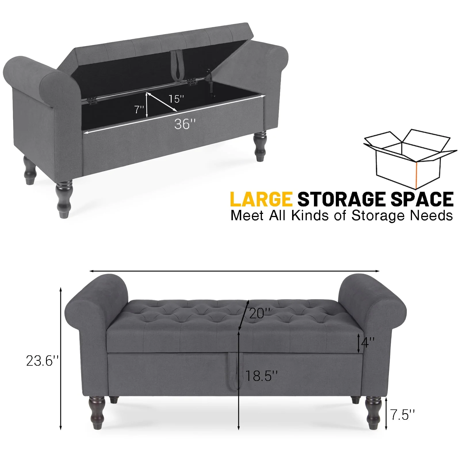 Storage Bench with Upholstered Rolled Arm Ottoman Bench Couch w/ Solid Wood Legs for Bedroom End of Bed,and Living room,Gray - Image 5