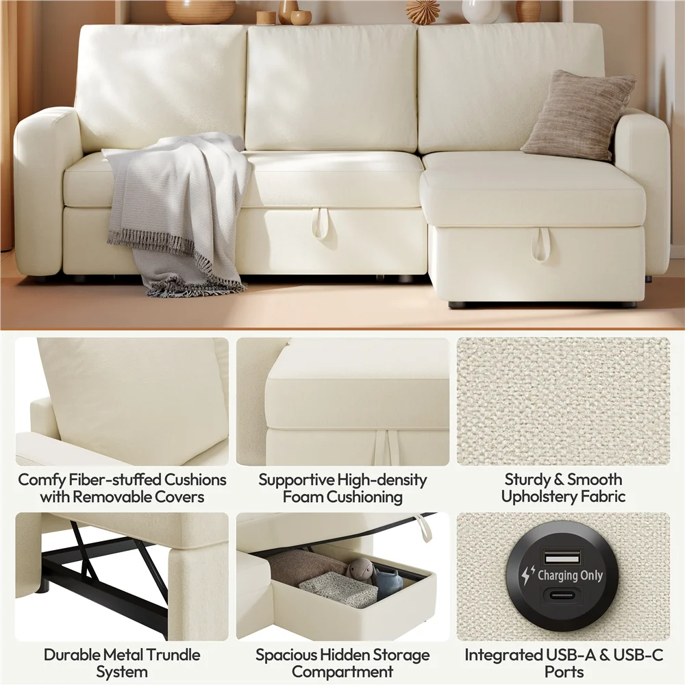 Alden Design Reversible Sectional Sofa with USB & Type-C Ports for Livingroom, Light Gray - Image 35