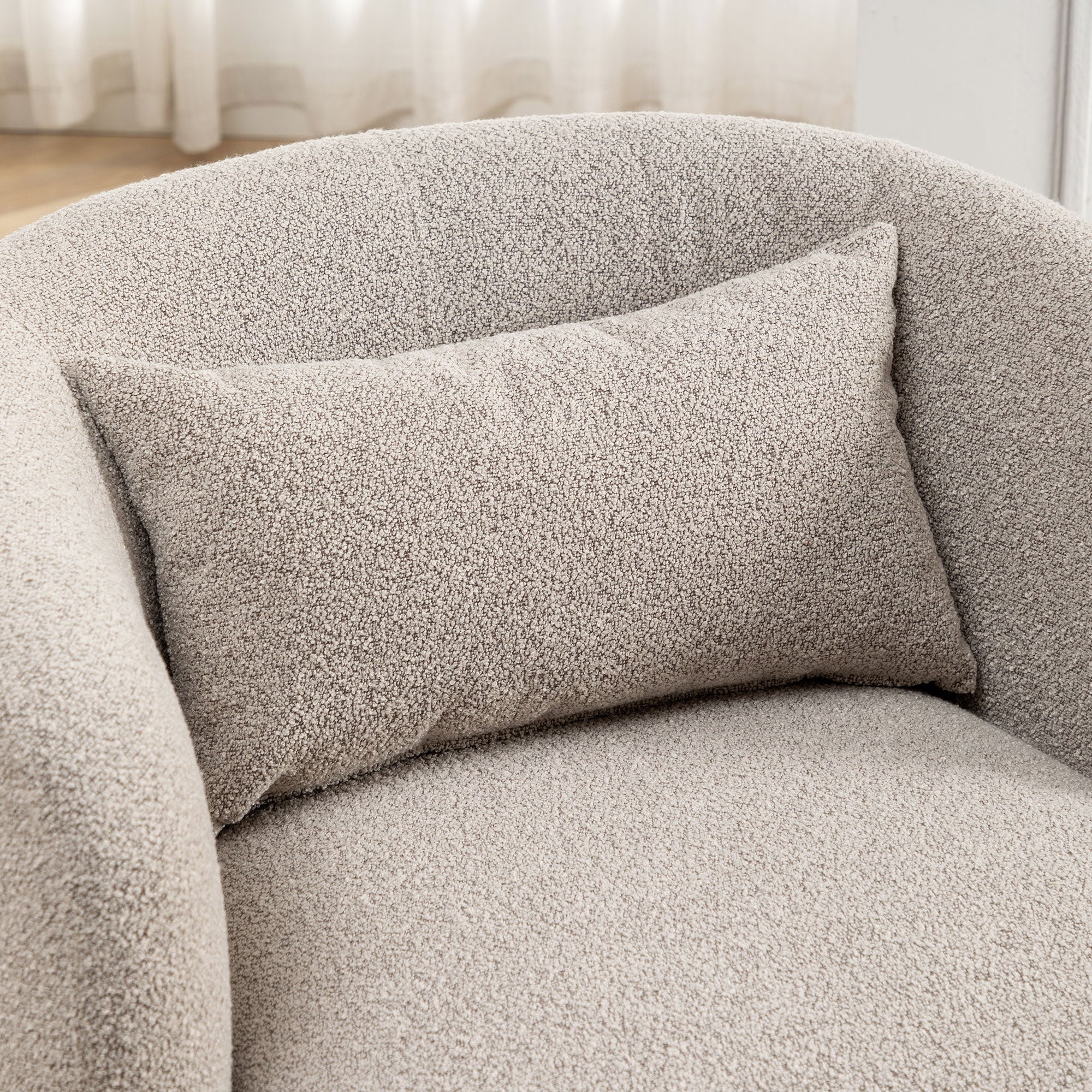 34" Wide Boucle Swivel Barrel Chair, No Assembly Round Upholstered Armchair Accent Chair Single Sofa Chair with Toss Pillow for Living Room and Bedroom, Taupe - Image 14