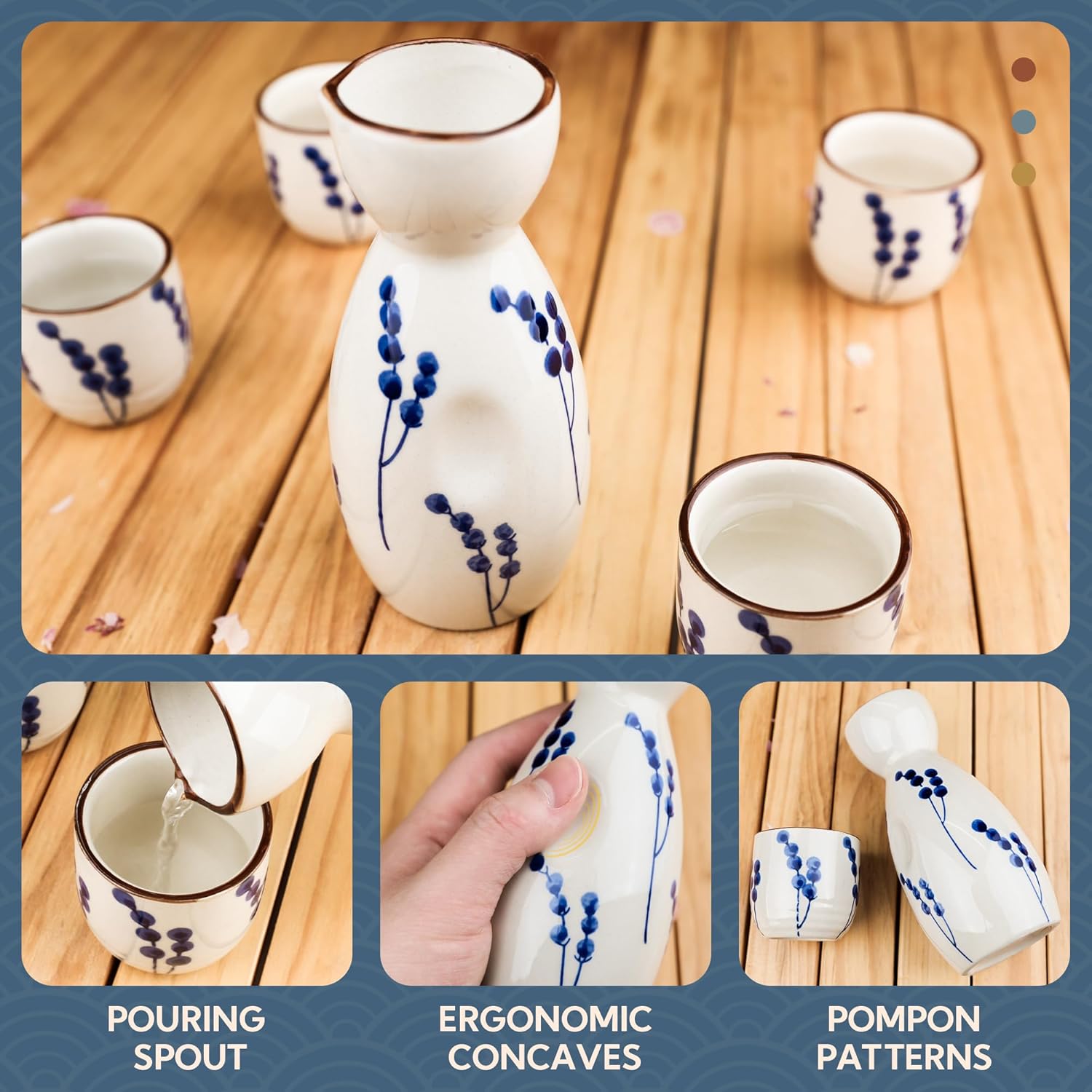 Ceramic Sake Set, 5pcs Japanese Saki Set with 1 Sake Carafe 4 Sake Cups, Saki Cup Set as Gift for Sake Japanese Wine/Hanzo Sake/Soju/Sake Drink/Saki Drink/Tea (Pompon)