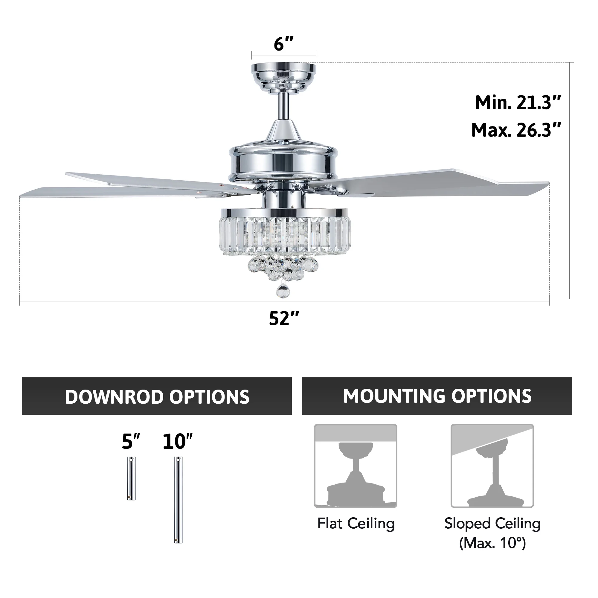 Bestco 52" Chandelier Crystal Ceiling Fan with Light 6 Speeds 5 Dual Sided Blades Chrome - Image 13
