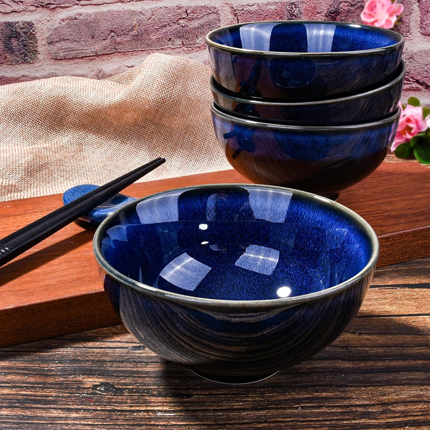 Ceramic Rice Bowl Set of 4 Blue Cereal Bowls for Soup Rice Oat Microwave and Dishwasher Safe