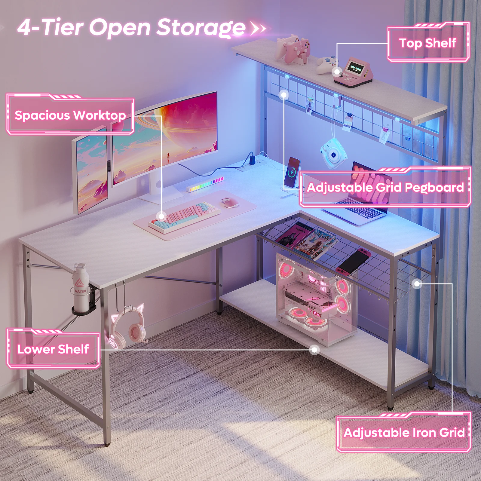 Bestier 51 L Shaped Gaming Desk with Power Outlets & LED Light, Computer Desk with 4 Tiers Shelves for Home Office, Reversible Gamer Table with Hooks and Cup Holder, Carbon Fiber - Image 16