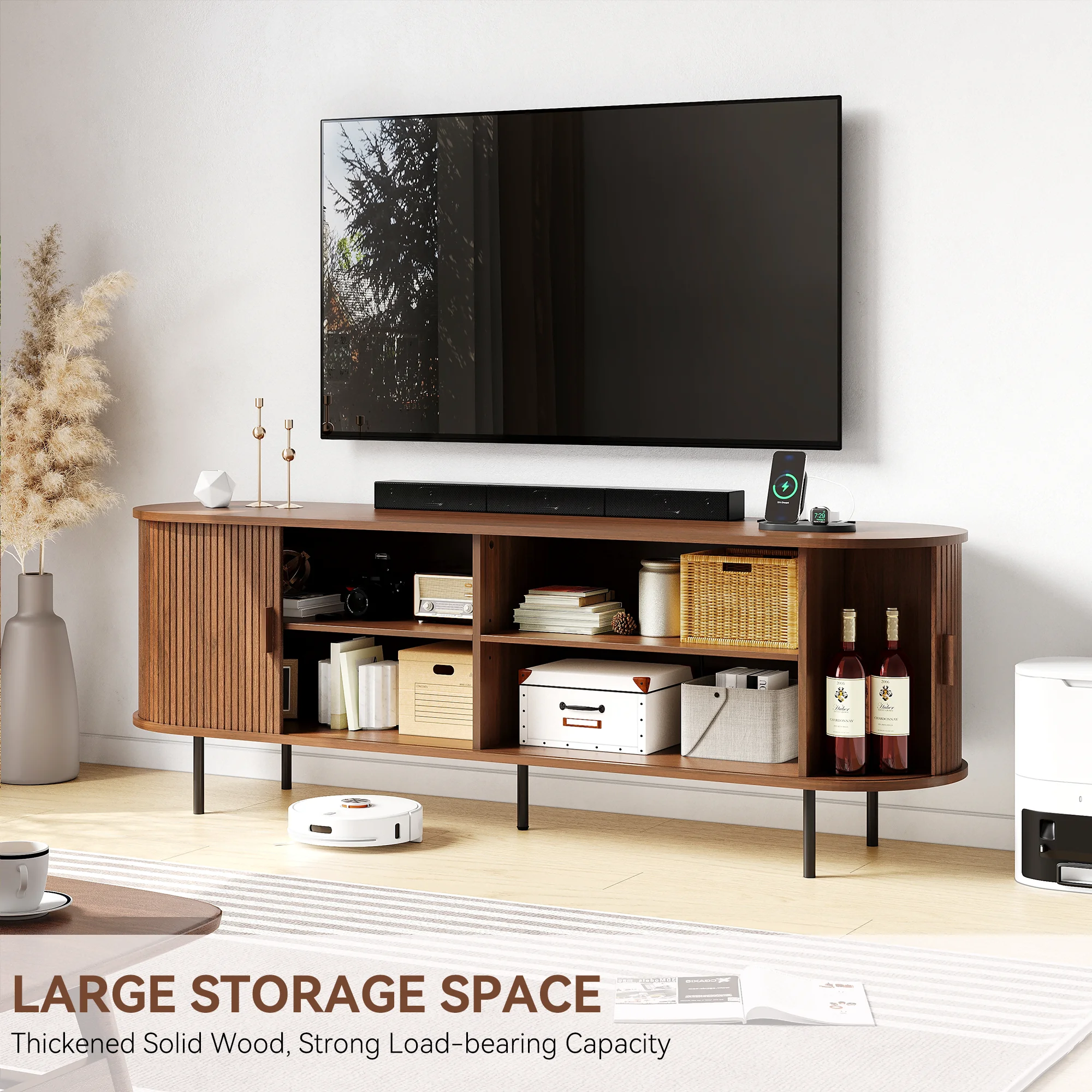MARNUR 63" TV Stand for 70" TV, Wood Entertainment Center with Storage and Shelves, 2 Sliding Tambour Doors, Mid-Century Modern, Walnut - Image 8