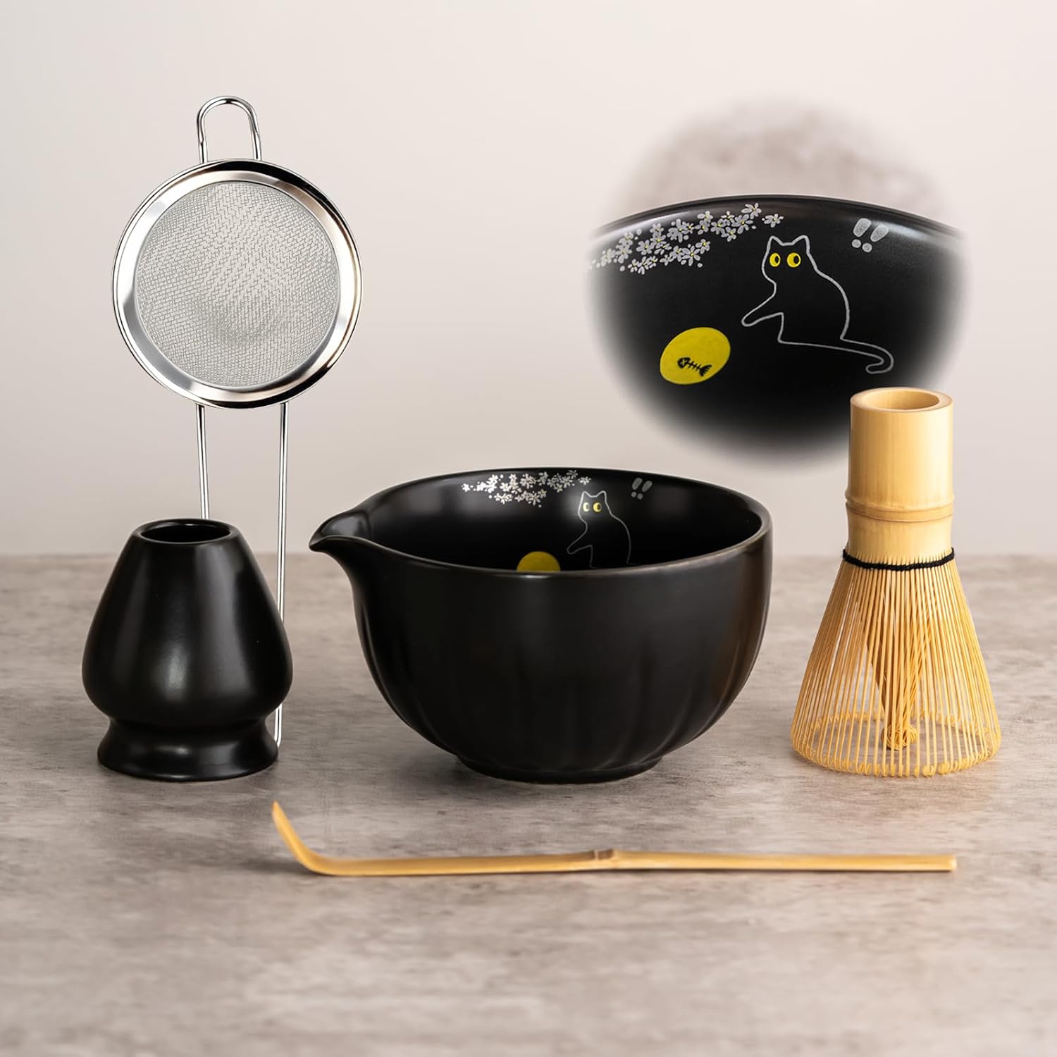 TANG PIN Matcha Set - Match Bowl and Whisk, 15 OZ, Matcha Scoop | Matcha Whisk Stand (Chasen Holder) - 5pc Perfect Matcha Kit for Matcha Tea Ceremony (Mottled Green)