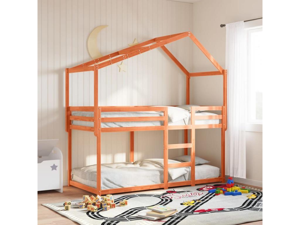 Cama litera con techo madera maciza pino marrón cera 75x190 cm
