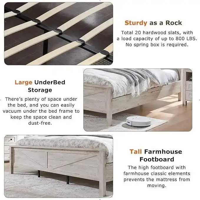 Farmhouse Platform Bed with Storage Headboard Sliding Doors and Charging Station