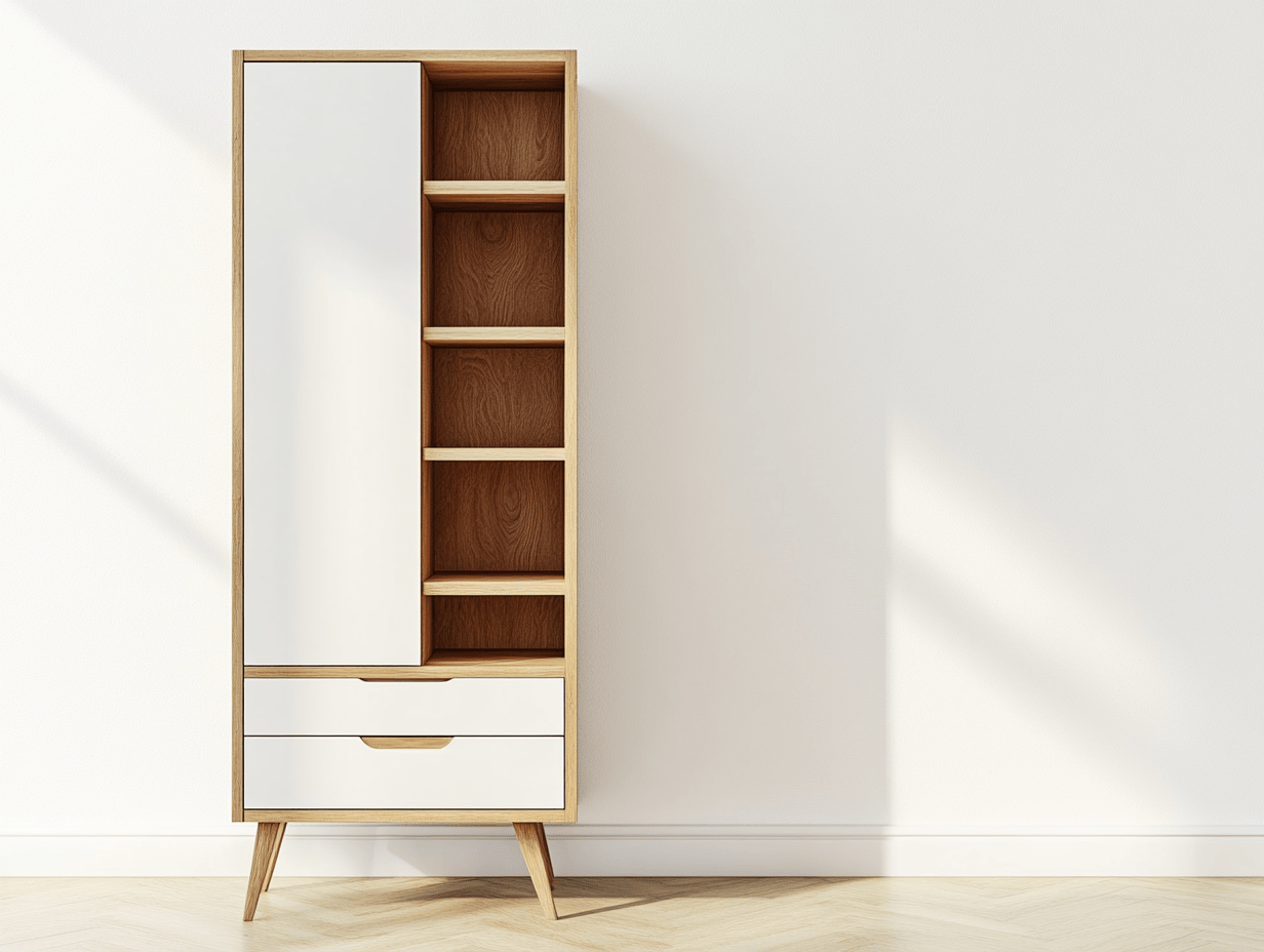 Armario alto 180×70 cm – blanco y roble – con estanterías abiertas y 2 cajones inferiores