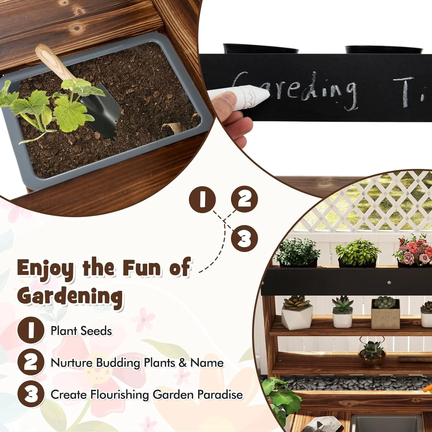 DORTALA Kids Potting Bench, Fir Wood Outdoor Mud Table with Removable Sink, 4 Pots, Chalkboard, Storage Shelves, Garden Kid Kitchen Playset, Mud Kitchen for Kids Outdoor - Image 3