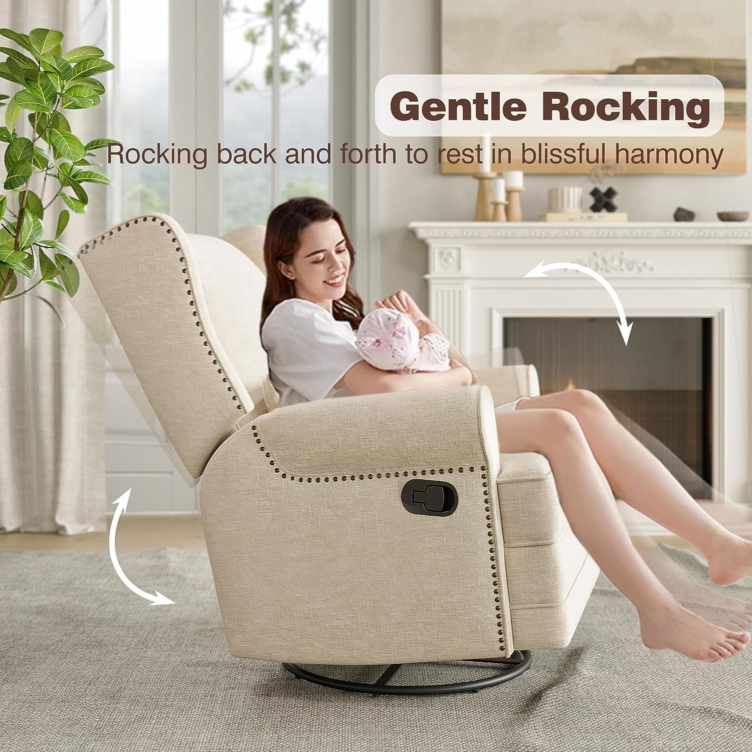 Royalcraft Swivel Nursery Glider Recliner, Comfy Upholstered Glider Chair with Lumbar Pillow and Footrest, Beige - Image 2