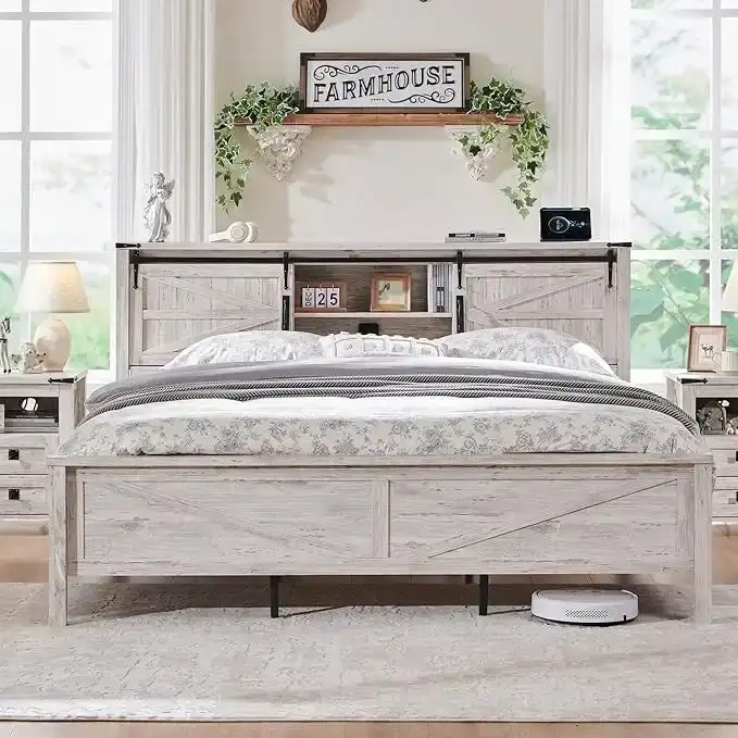 Farmhouse Platform Bed with Storage Headboard Sliding Doors and Charging Station