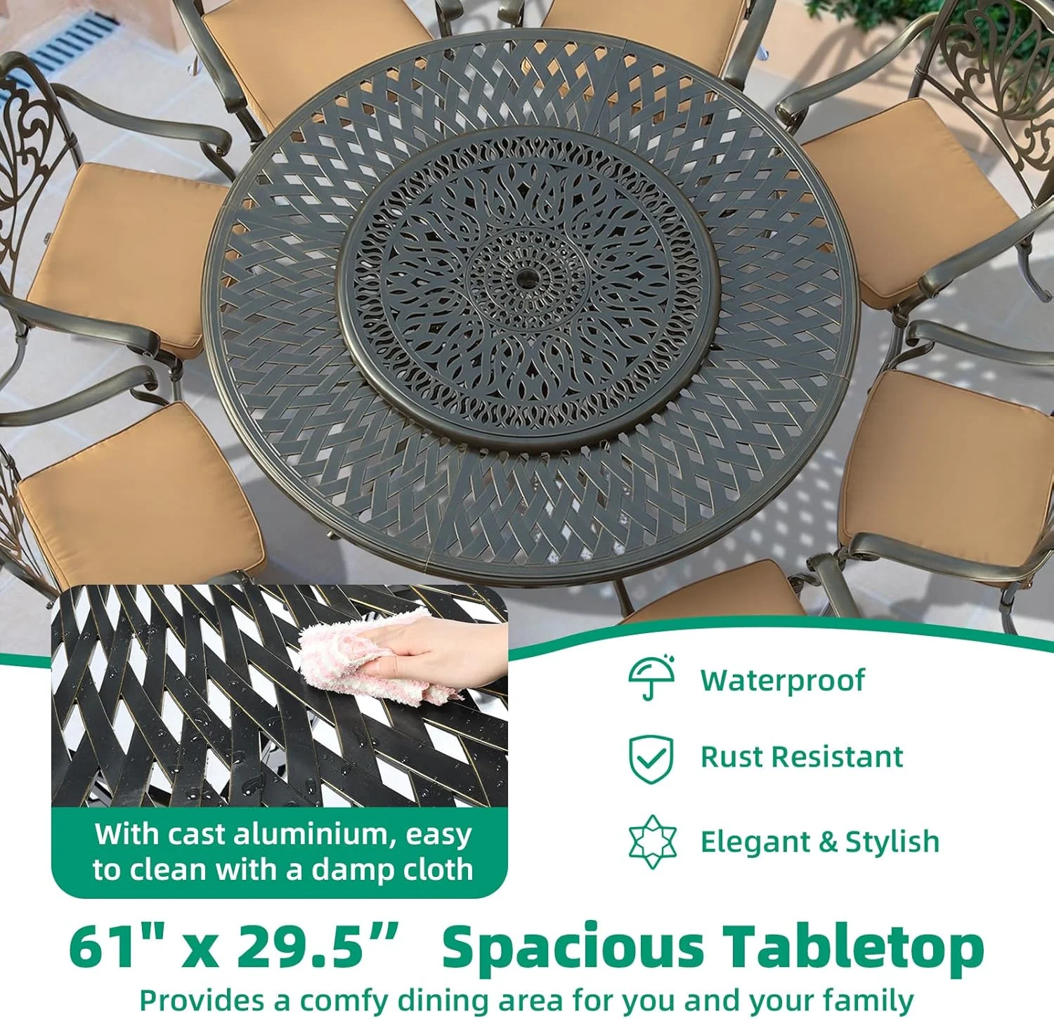 VIVIJASON Outdoor 61" Patio Dining Table for 6-8 Person, Large Patio Round Dining Table with 24" Lazy Susan, Dark Bronze Cast Aluminum Rustic Patio Table W/Umbrella Hole for Balcony, Porch and Deck - Image 14