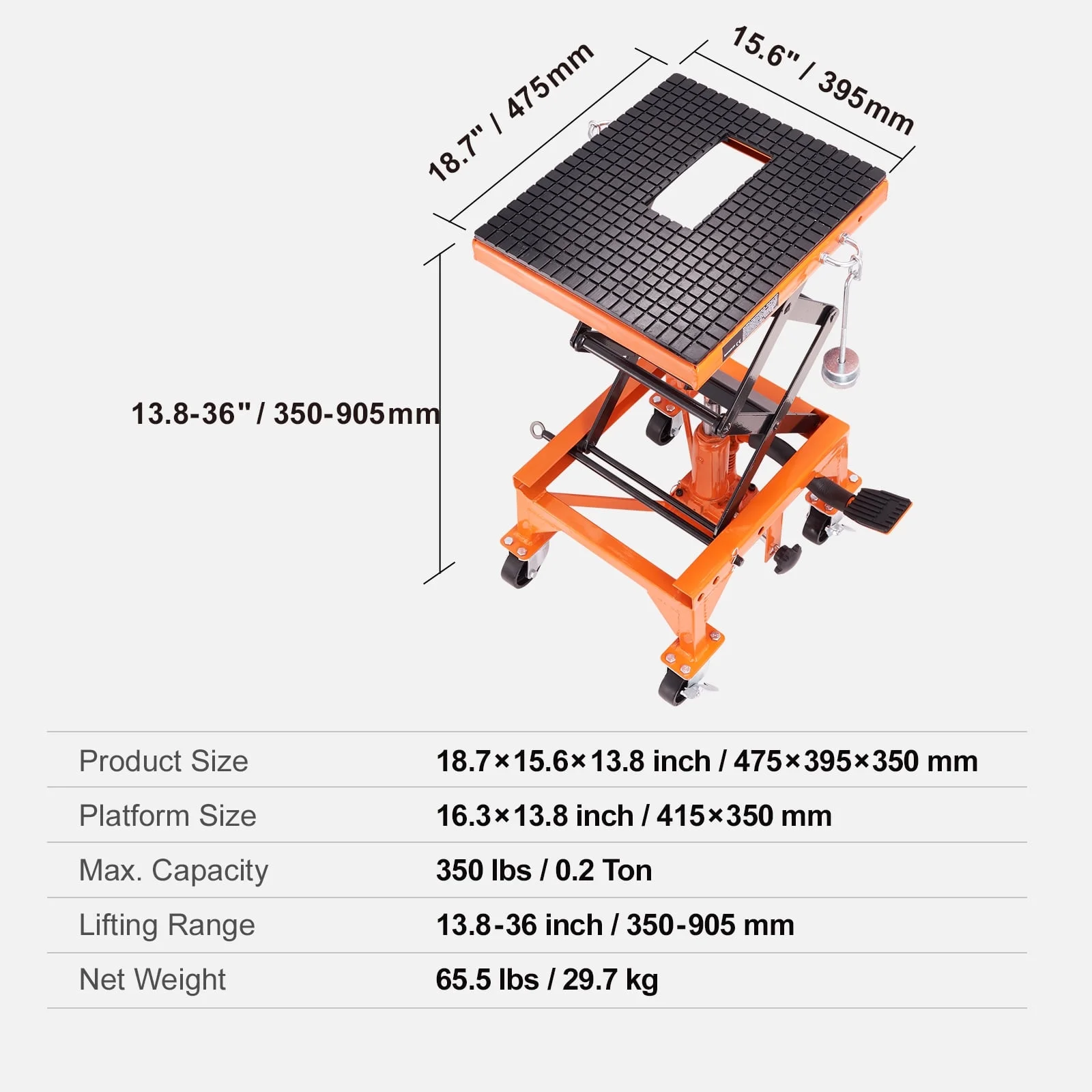 BENTISM Hydraulic Motorcycle Lift Table 350 lbs Height 13'-36' Dirt Bike Scissor Jack Stand with Wide Deck Safety Pin J-hook - Image 7