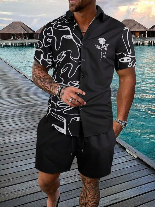 Suitmens Men's Hawaiian Print Short Sleeve Shirt Set 009