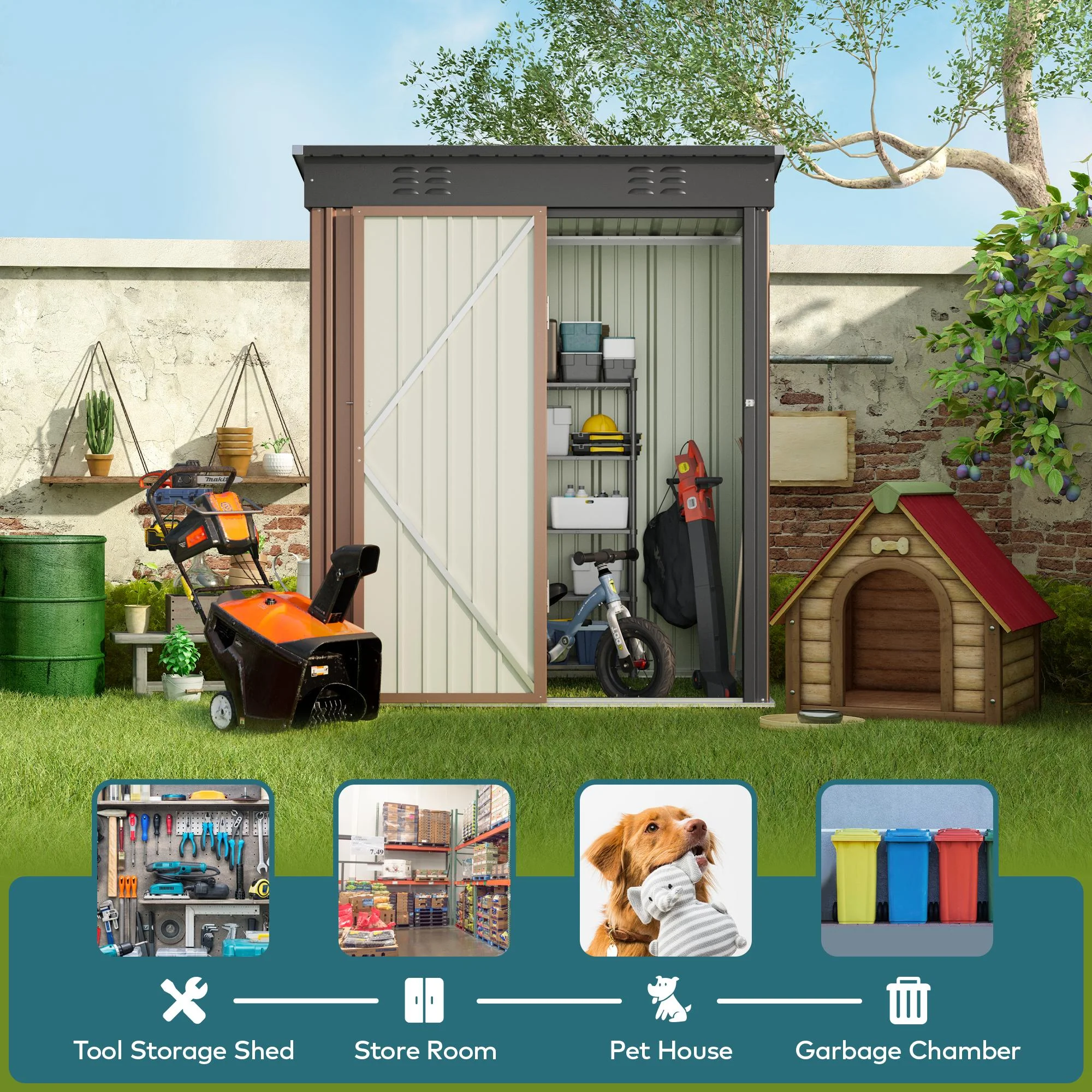 5' x 3' Outdoor Storage Shed, Metal Outdoor Storage Cabinet with Single Lockable Door, Waterproof Tool Shed,Gray - Image 13