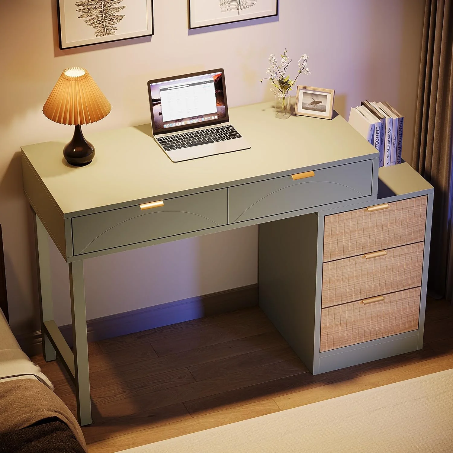 Tribesigns 39" Reversible Computer Desk with 5 Drawers, Wood Writing Desk for Home Office, Green - Image 5