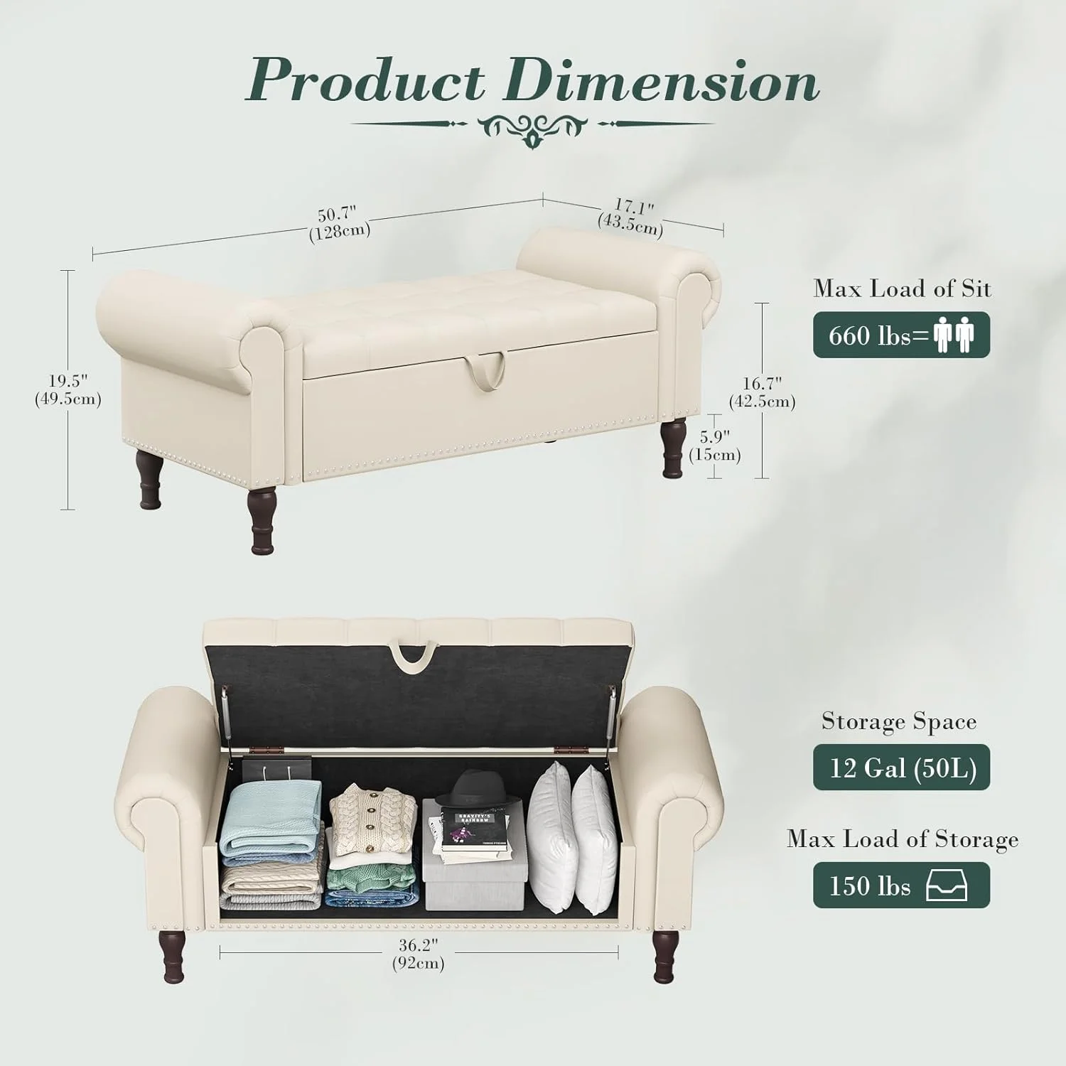 YOUDENOVA Storage Ottoman Bench for Bedroom 51" Queen Leather Storage Bench with Button, Upholstered Bedroom Bench with Rolled Arms for Living Room, Storage Room, Entryway, Gray - Image 11