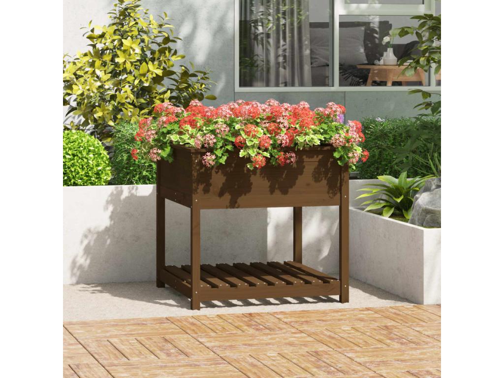 Jardinera con estante madera maciza pino marrón 82,5x82,5x81 cm