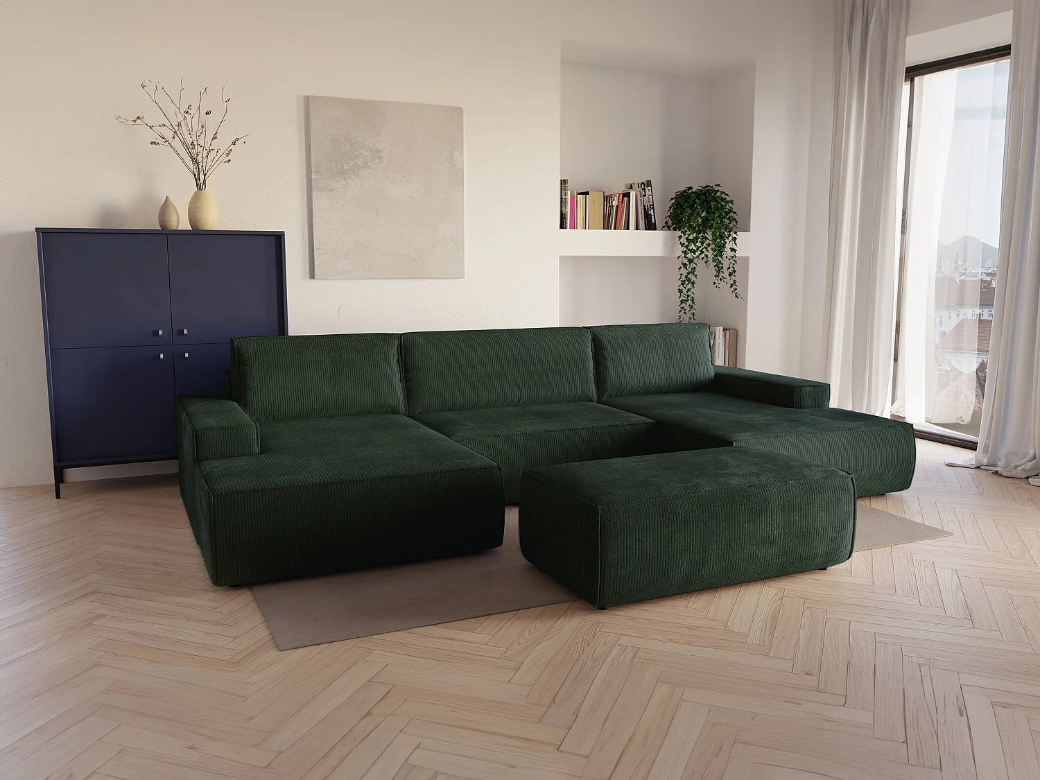 Gran sofá cama rinconera panorámico de pana verde pino AMELIA