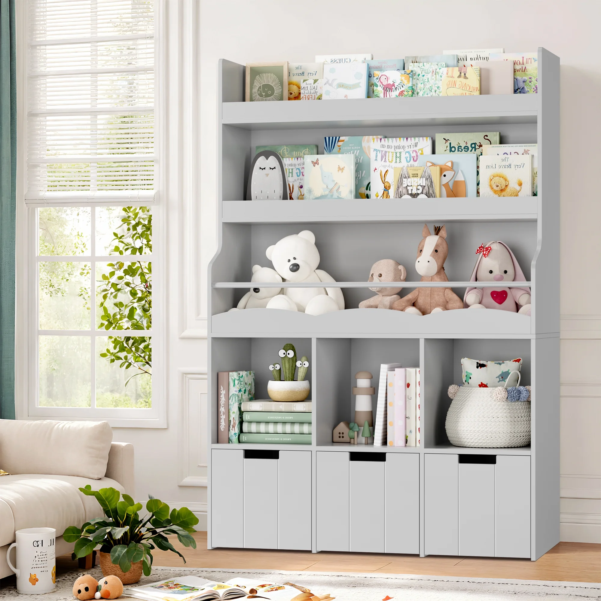 Homfa 55.5- H Kids Bookshelf with 2-Tier Book Shelves, Children Toy Organizer with 3 Cubes and Removable Drawers, White - Image 22