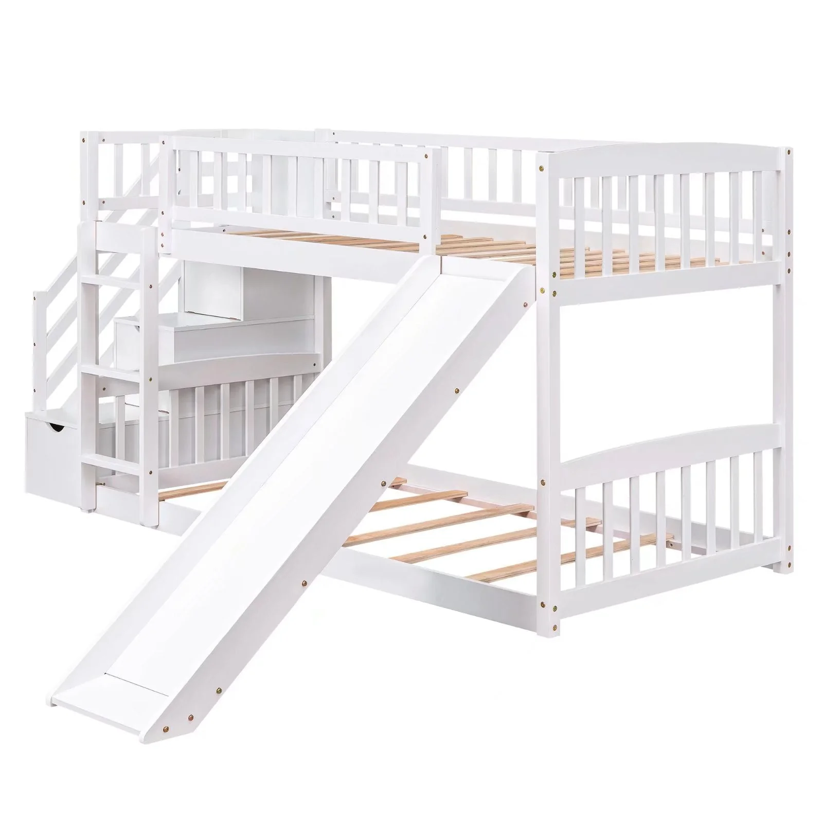 Stairway Bunk Beds Twin over Twin, Wooden Bunk Bed Frame with Kids Slide and Storage Staircase, 2-in-1 Storage Beds Frame with Ladder and Safety Guardrails for Boys Girls Bedroom, White - Image 6