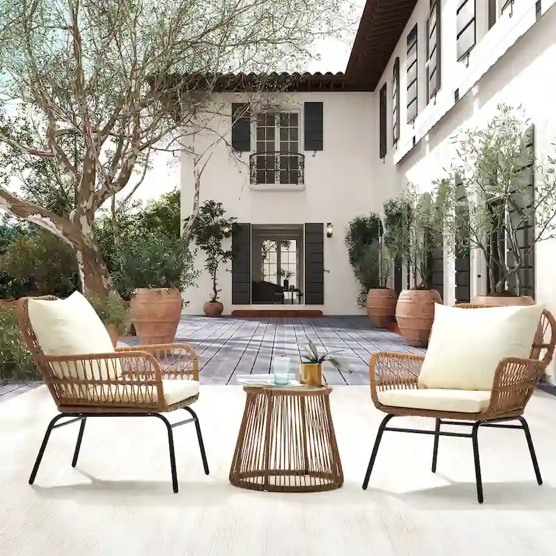 3-Piece Patio Conversation Bistro Set, Outdoor Rattan Furniture Set with Glass Table & 2 Wide Armchairs, Seat Cushions