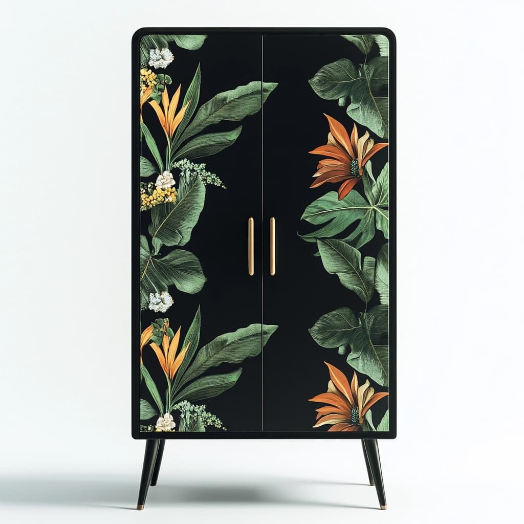 Armario decorativo de madera para dormitorio estilo tropical diseño floral fondo negro puertas dobles funcional 120x80x40 cm mueble de almacenamiento