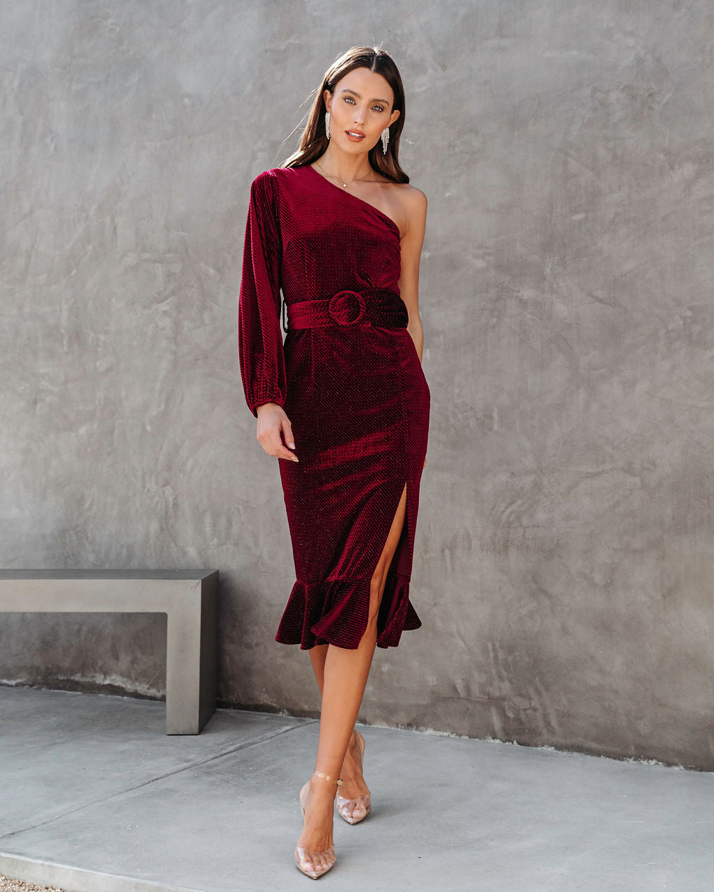 Honestly Breathtaking One Shoulder Belted Textured Velvet Midi Dress - Wine - Se7enfashion