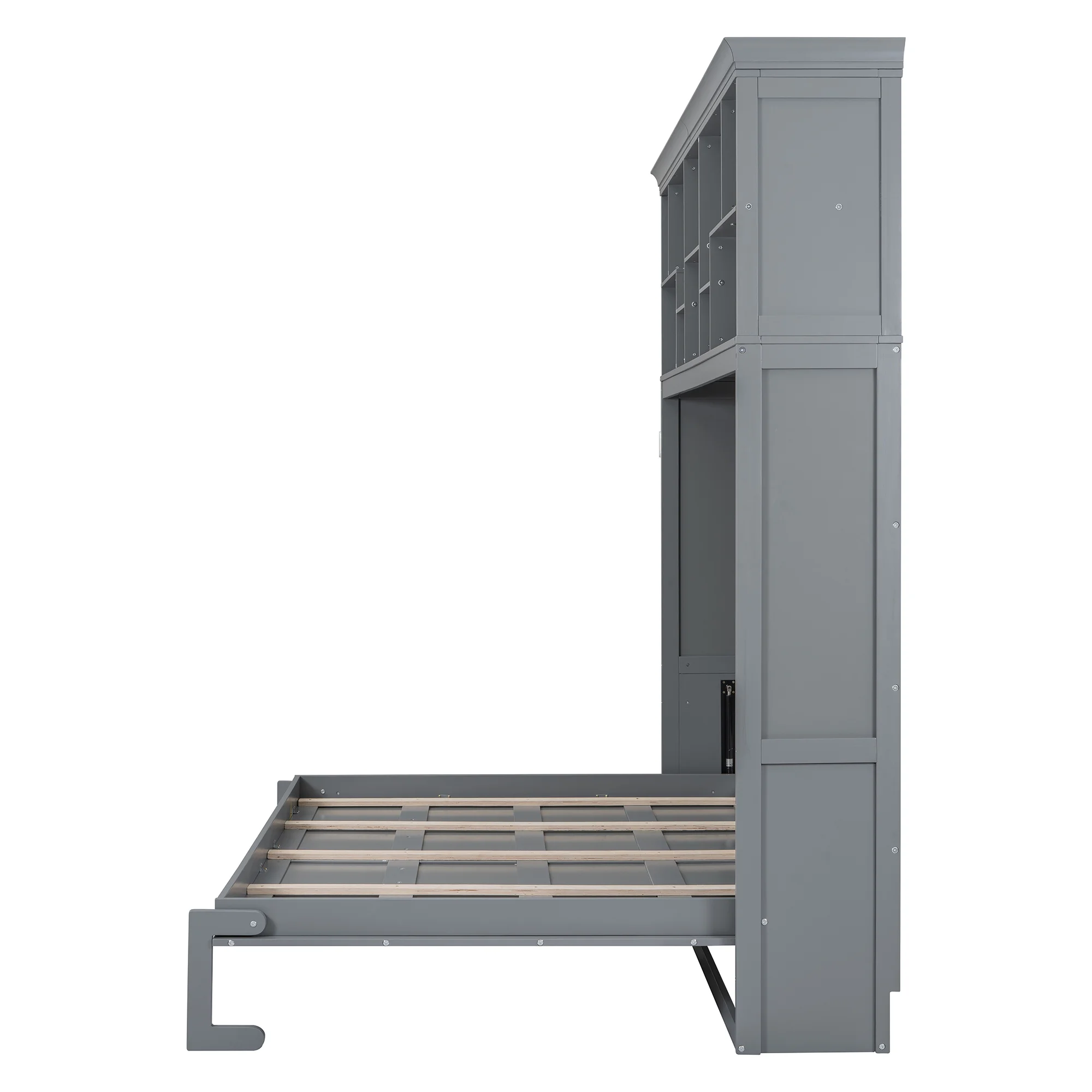 Queen Size Murphy Bed Wall Bed with Top Shelves & USB Charging, Space-Saving Cabinet Bed with Flexible Slats, Gray Modern Foldable Bed - Image 10