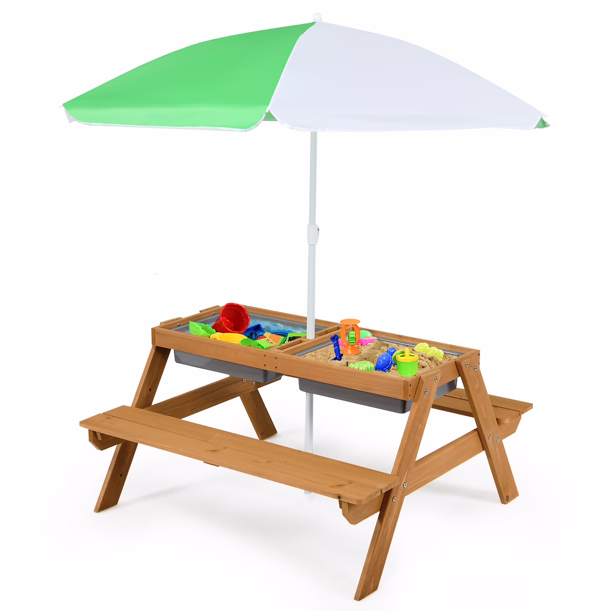Costway 3-in-1 Kids Picnic Table Wooden Outdoor Sand & Water Table with Umbrella Play Boxes Green - Image 5