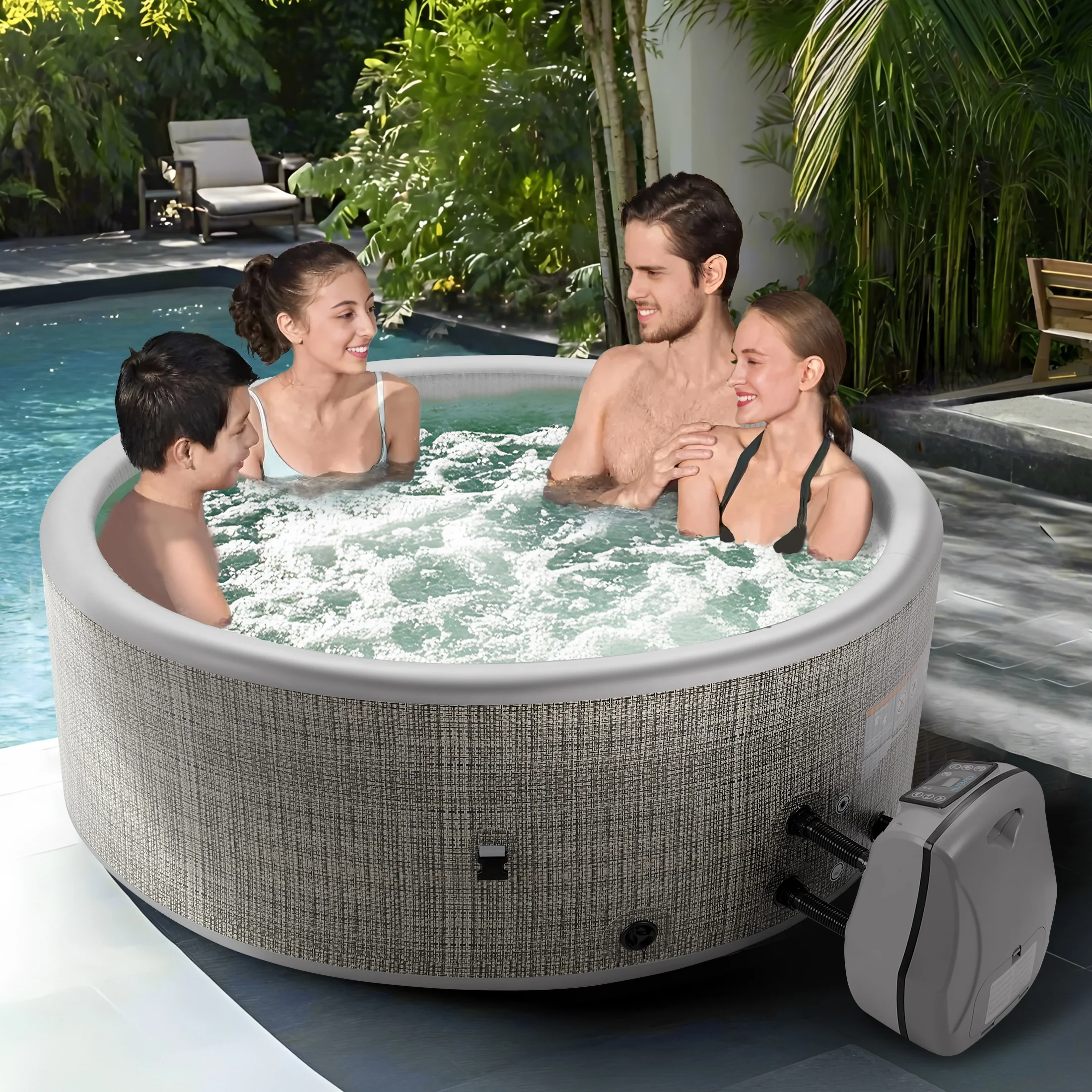 Round Hot Tub Surround Furniture, Spa Surround Outdoor Rattan Sectional Sofa Set with Mini Sofa, Solid Acacia Wood Hot Tub Storage Surround Patio Furniture Set, Gray Cushion - Image 33