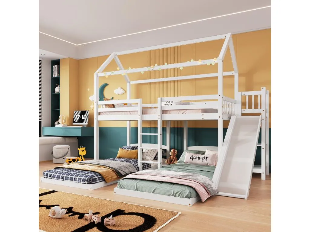 Litera infantil 90x200 cm 3 plazas con tobogán escalera y estantes abiertos - blanco UOJM21270