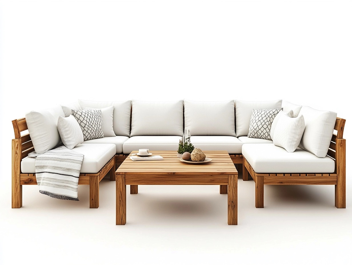 Sofá modular rinconero de madera natural con cojines blancos para exterior estilo moderno 260x200 cm resistente y funcional HF5348239