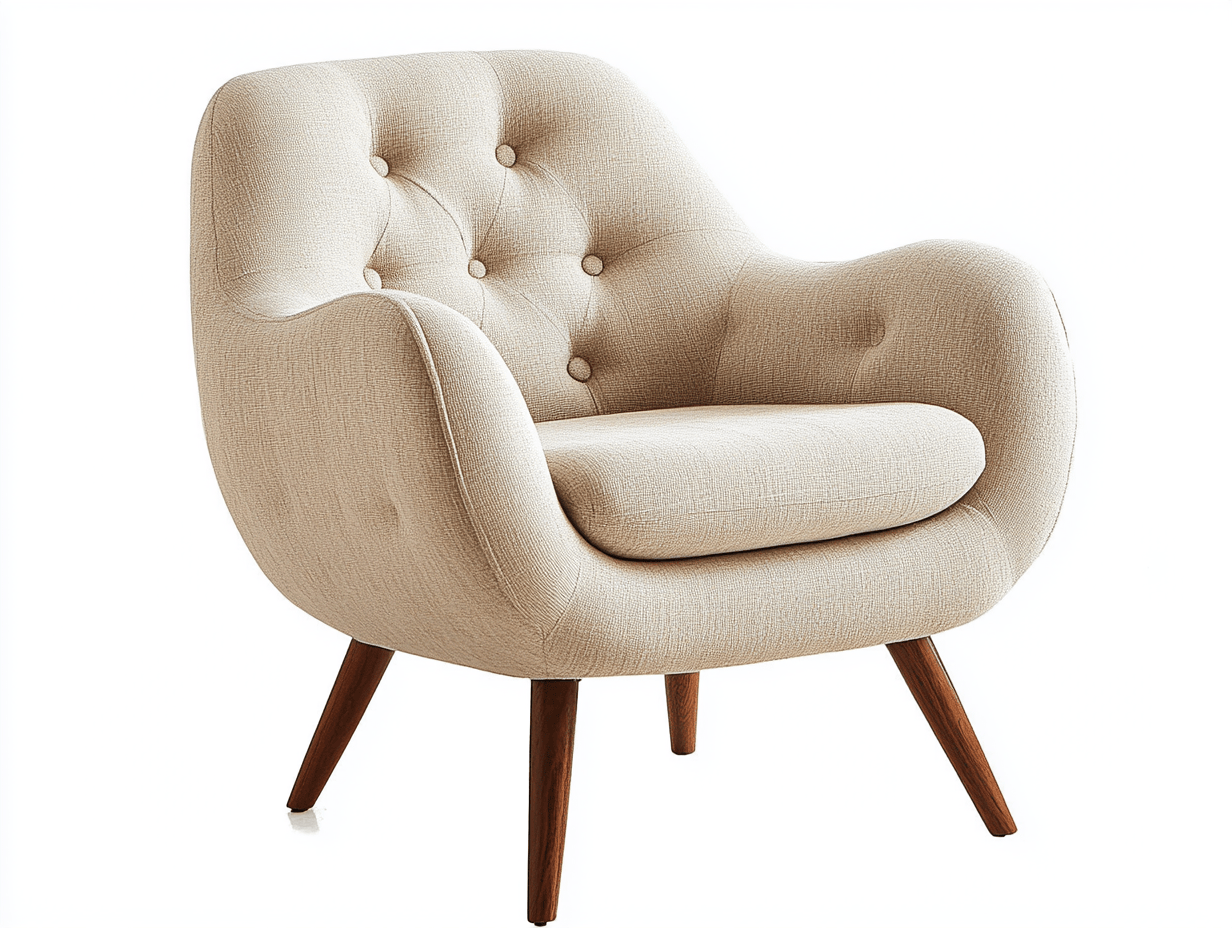 Sillón acolchado de diseño curvo – tela beige 80×76×86 cm – con respaldo capitoné y patas de madera oscura