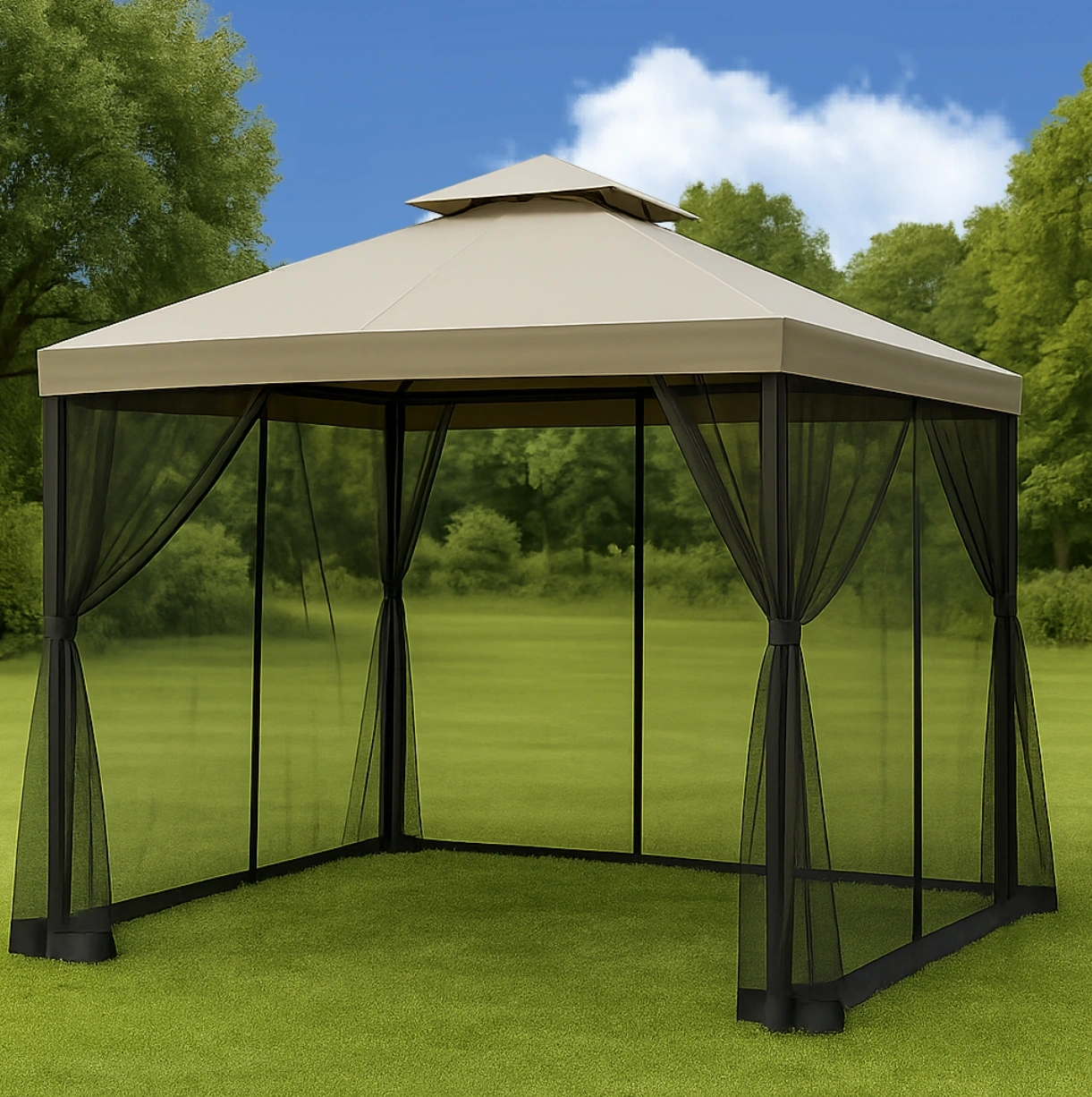 Pérgola de jardín con techo beige y mosquitero 3x3x2.5 m - xUIDsMy527JE
