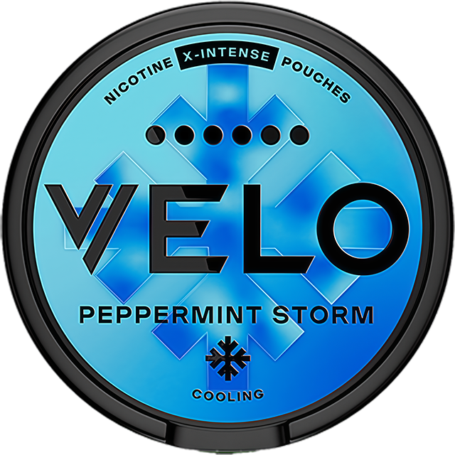 VELO Peppermint Storm 6Star 17mg nicotine pouches — Slim Moist can with 20 extra strong peppermint-storm pouches