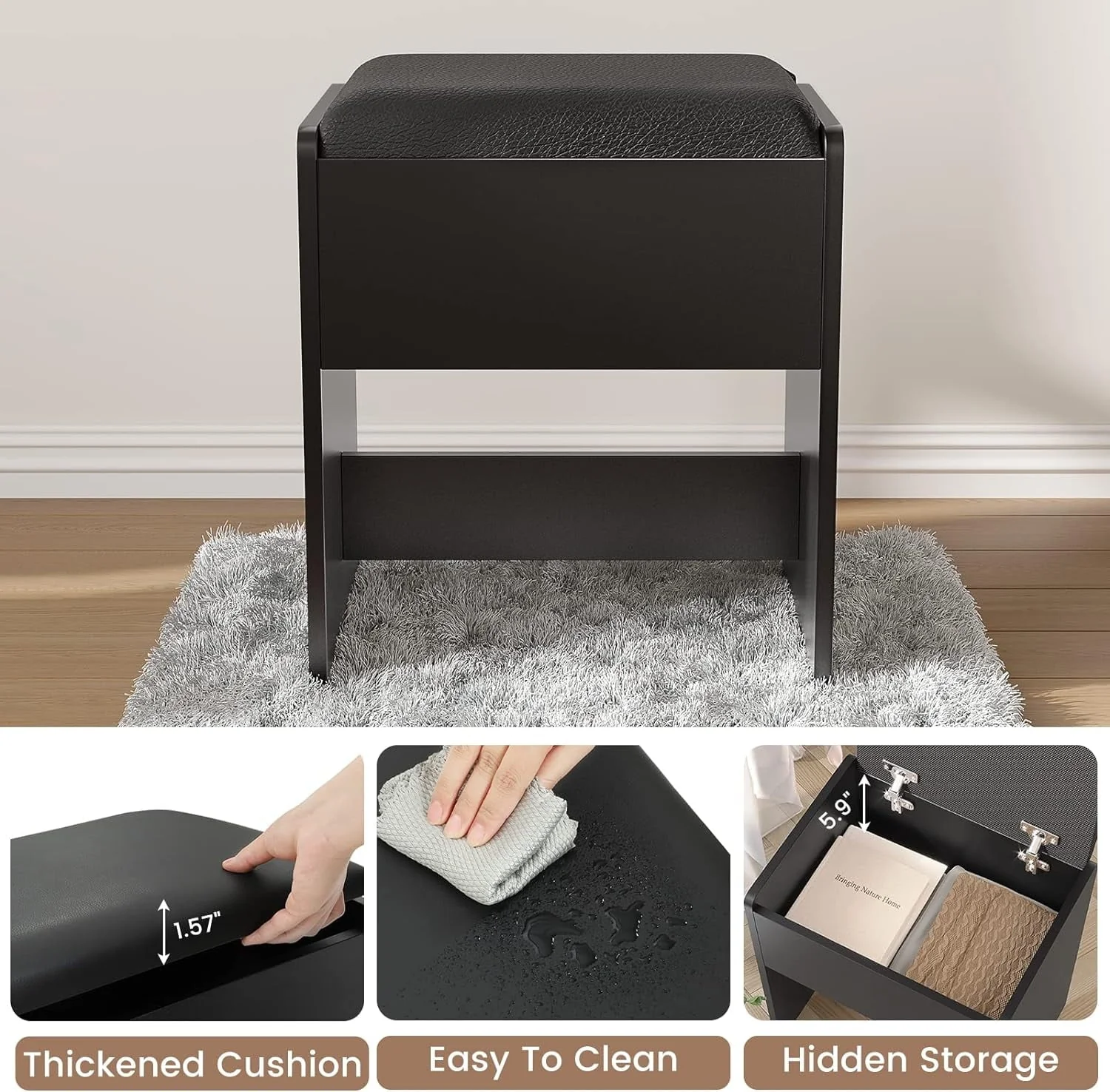 Black Vanity Set with Lights & Charging Station & Cushioned Stool, Modern Makeup Vanity Desk Table with Visible Drawers and Open Storage Shelves for Women Girls - Image 12