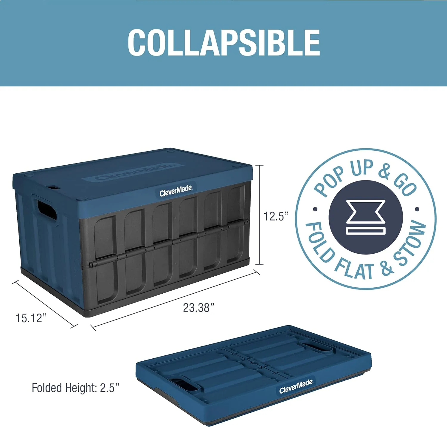 CleverMade 3 Pack Stackable Collapsible Storage Bin with Lids - 16 Gal Ocean - Image 2
