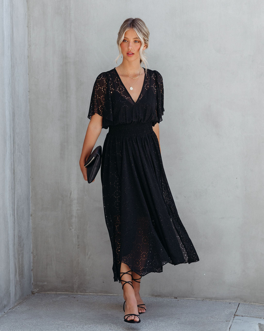 Thumbelina Metallic Eyelet Midi Dress - Black - Se7enfashion