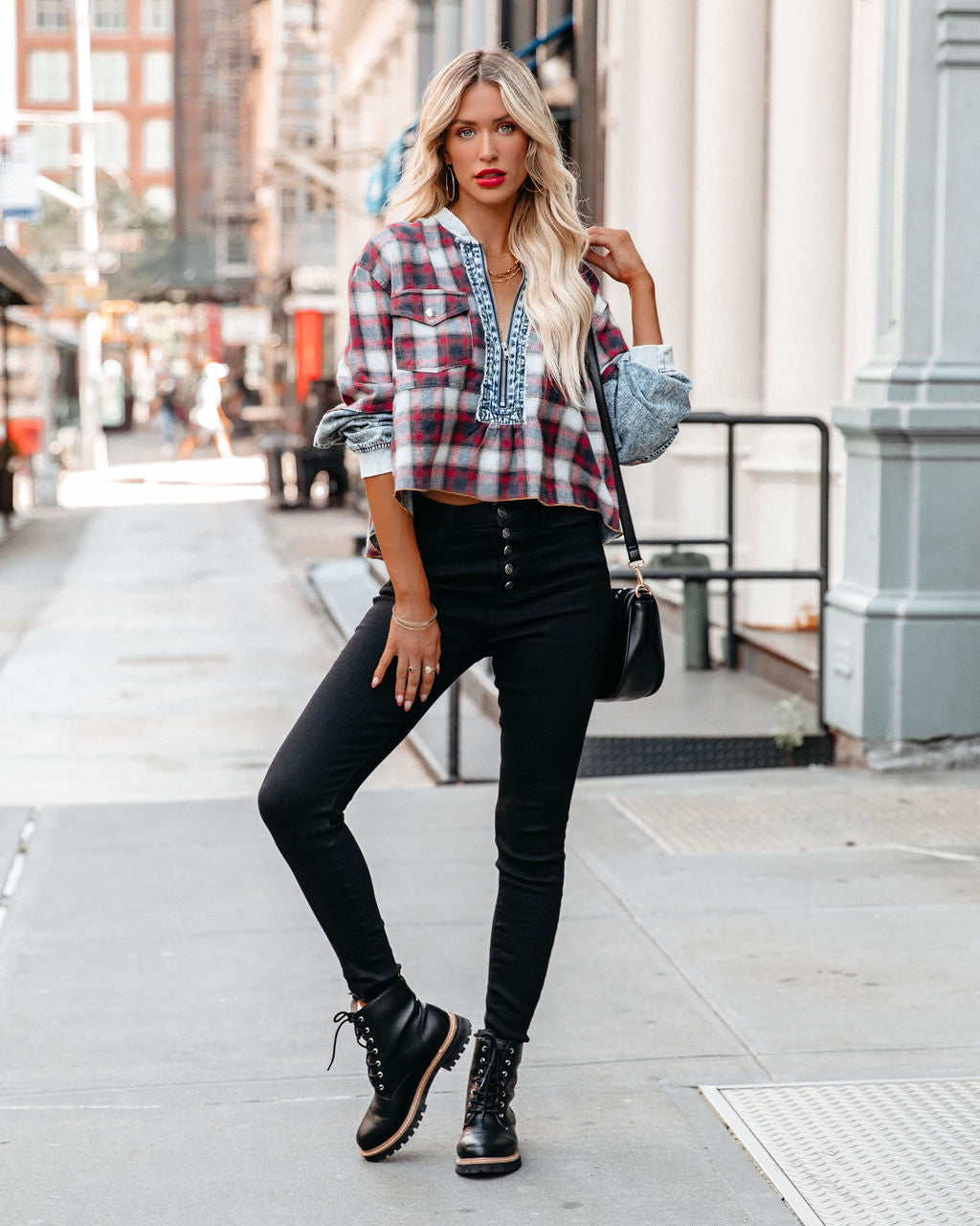 Thea Half Zip Acid Wash Plaid Top - Se7enfashion
