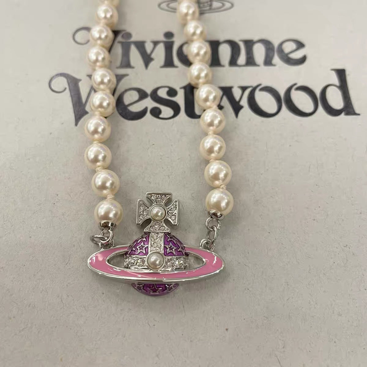 Vivienne Westwood Pink Flat Saturn Pendant Pearl Necklace - Original Replica Club