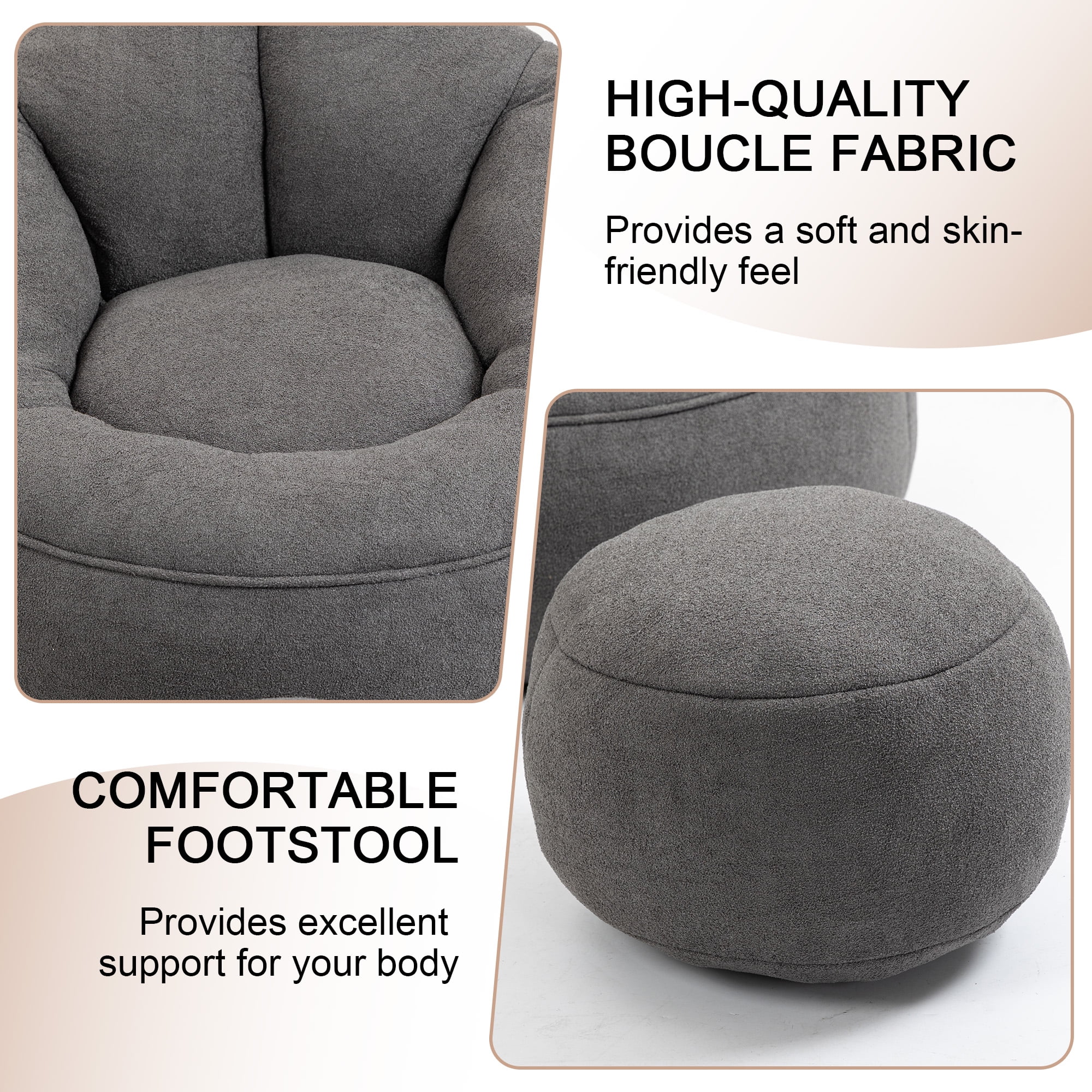 MOONMISS Microfiber Upholstered High Pressure Foam Round Lazy Bean Bag Sofa Chair with Ottoman-Gray - Image 6