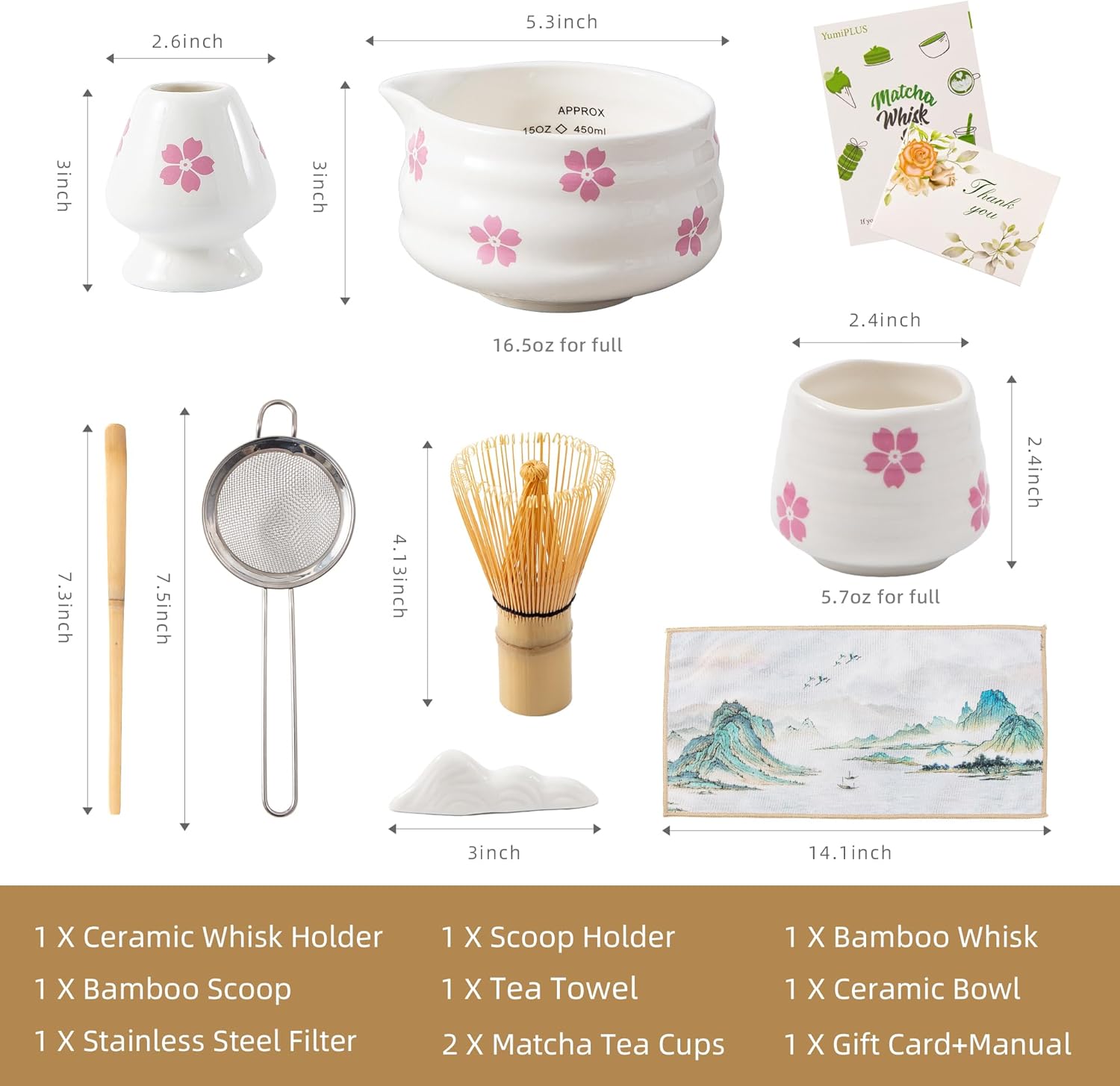9pcs Premium Matcha Set,Ceramic Bowl with Spout and Bamboo Whisk set, Ceremonical Matcha Kit for breakfast/latte,Tea Starter Making Kit, Unique Christmas/Valentine Gift (Sakura 9pcs)