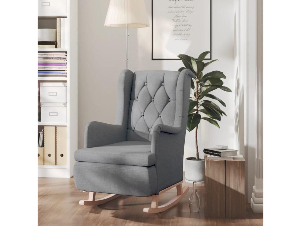 Sillón con patas mecedoras madera maciza caucho tela gris claro