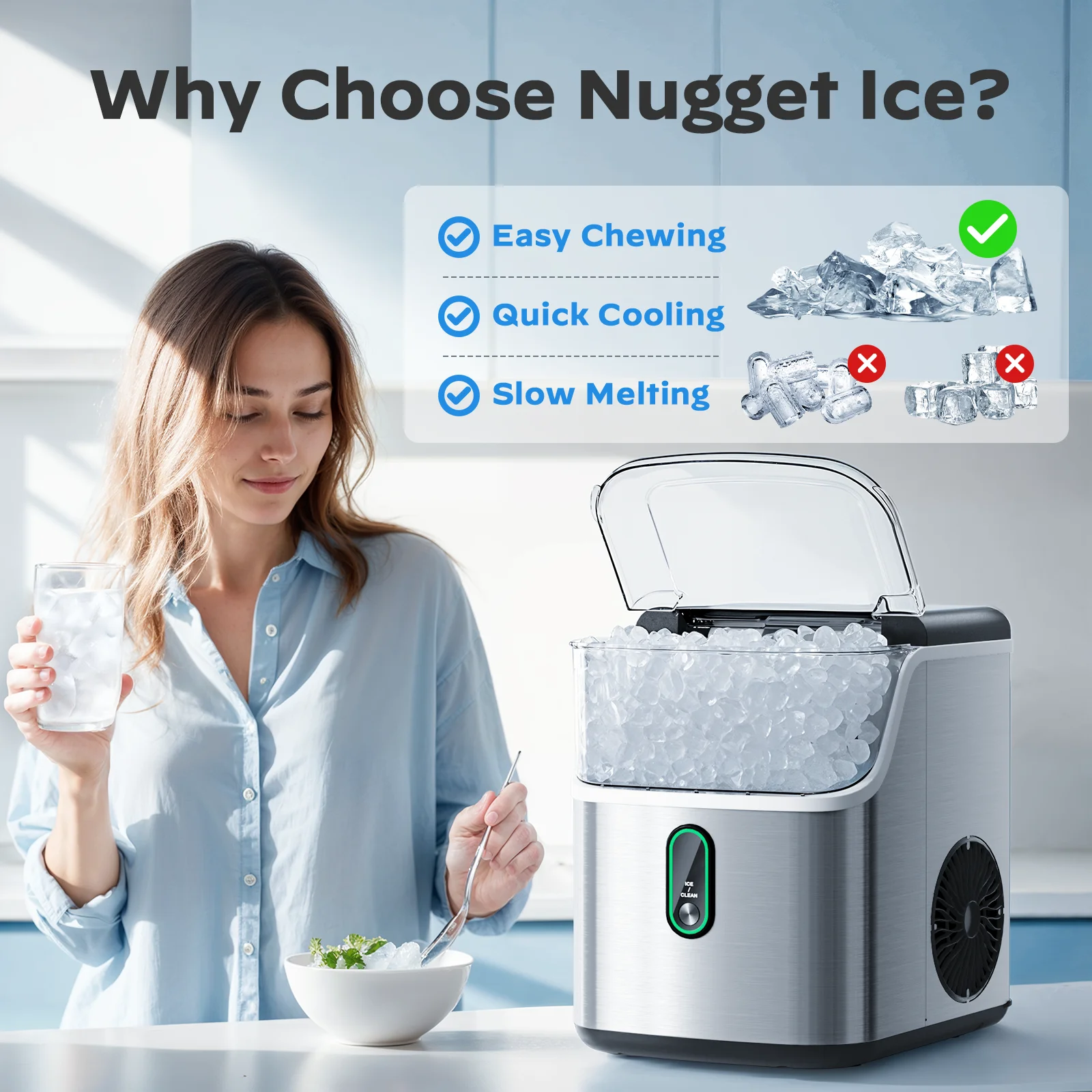 Philergo Nugget Ice Maker Countertop, Pebble Ice Maker Machine with Self-Cleaning, 35lbs/24hr, Soft Chewable Pellet Ice Maker for Home, Kitchen, Stainless Steel - Image 4