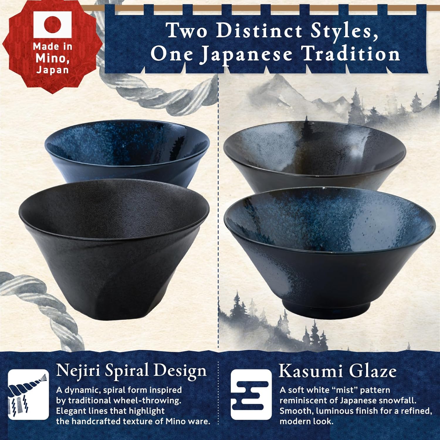 HIBINO Japanese Ramen Bowl Set of 2 | 44 oz Ceramic Ramen Bowls with Chopsticks & Spoons | Made in Japan Mino Ware | Microwave Safe Noodle & Soup Bowls | 6-Piece Dinnerware Set |「Kasumi Indigo」