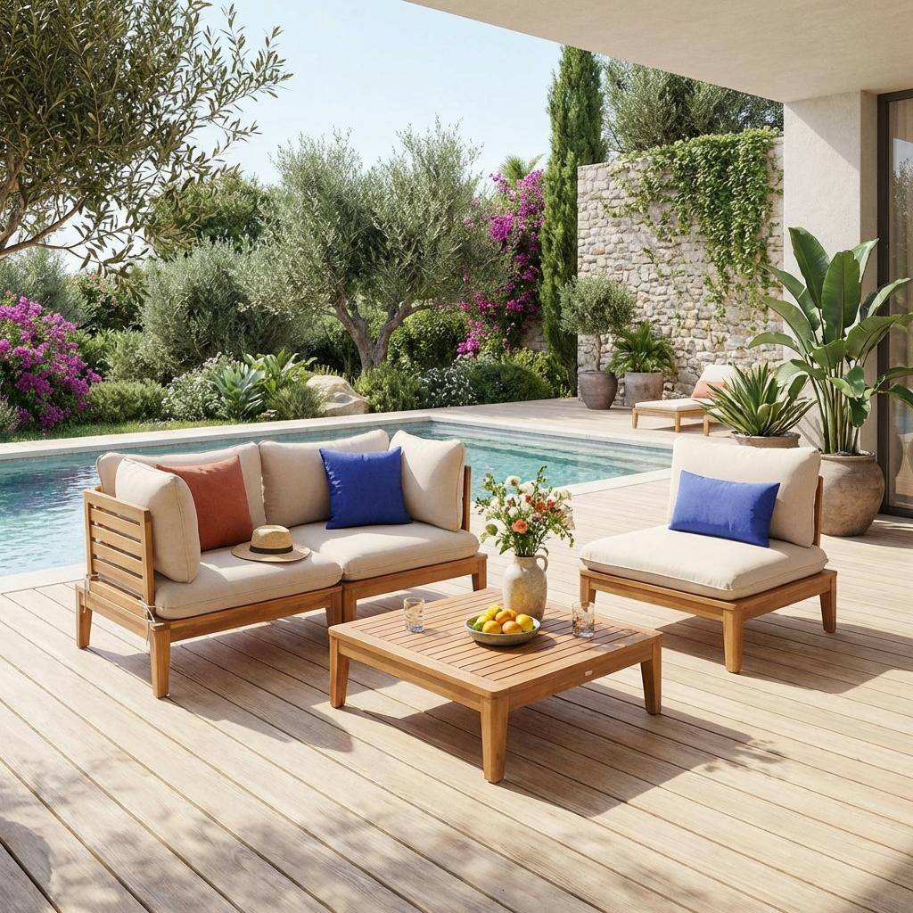 Yona - Conjunto de muebles de jardín modular de madera de acacia con reposabrazos, 3 plazas