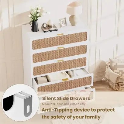 Rattan 5-Drawer Dresser for Bedroom and Hallway